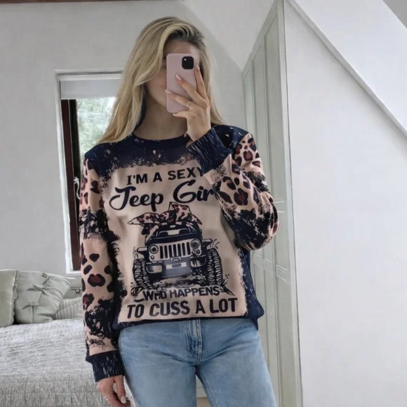 Leopard Print Jeep Girl Graphic Sweatshirt | Oversized Large | Novelty Pullover - Picture 3 of 3